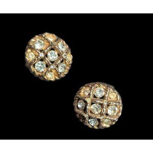 Gold-Tone Clip On Statement Earrings With Clear Rhinestones  Round Vintage Style